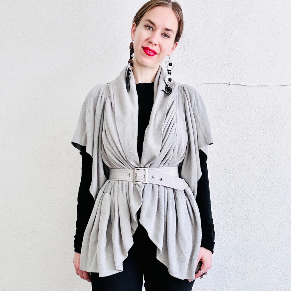 SACAI Gray Ruffle Sweater Vest Buckle Corseted Military Armor Flutter Sleeve